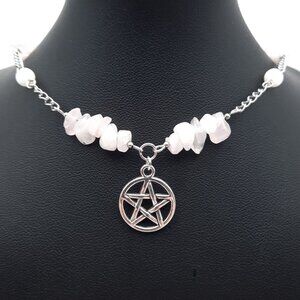 Pentacle Pentagram Wiccan Witch Rose Quartz Gemstone Necklace Handmade Jewelry